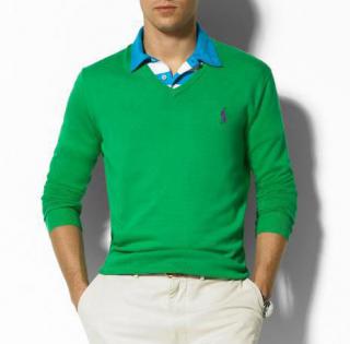 polo pull col V, manches longues en coton / laine / cachemire