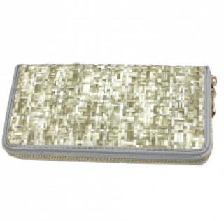 Portefeuille tressé en paille et cuir