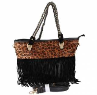 Sac à main à franges et empiècement léopard