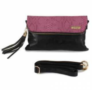 Pochette en deux tons avec rabat reptile et pompon