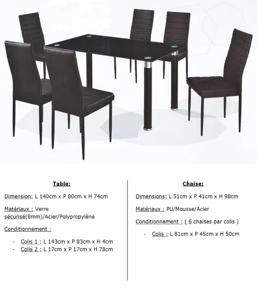 TABLE + 6 CHAISES / AVATAR / VERRE ET MÉTAL 
