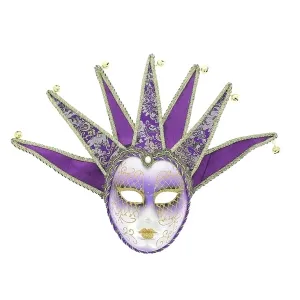 Masque vénitien joker violet avec volutes dorées et clochettes