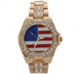 Montre bijou dorée avec drapeau américain et strass