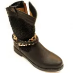 Bottines pour femme à empiècement tricot et chaînes dorées