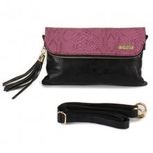 Pochette en deux tons avec rabat reptile et pompon