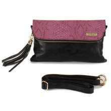 Pochette en deux tons avec rabat reptile et pompon