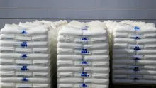 Palettes de sacs blancs empilées et filmées devant un mur d'entrepôt