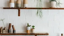 Étagères en bois avec vases, pots en céramique et plantes suspendues