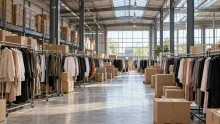 Grand hall d'un marché de gros de vêtements avec portants alignés et cartons de livraison