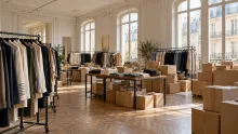 Showroom de vêtements en gros avec portants et cartons prêts à être expédiés
