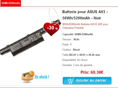 Batterie pour ASUS A93 - 56Wh/5200mAh -cbatterie