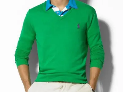 polo pull col V, manches longues en coton / laine / cachemire