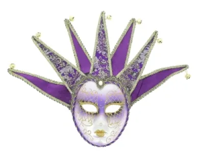 Masque vénitien joker violet avec volutes dorées et clochettes