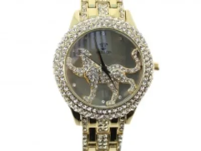Montre dorée incrustés de strass avec motif léopard