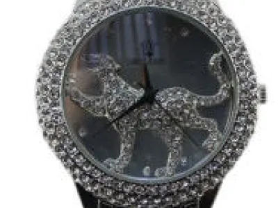 Montre argentée incrustée de strass avec motif léopard