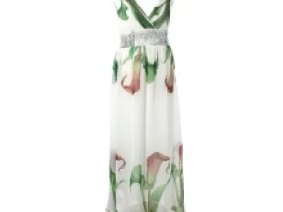 Robe longue imprimée fleurie et ornée de cristaux sur la taille