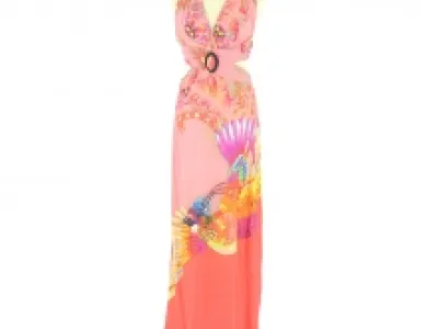 Robe longue imprimée fantaisie avec empiècement en voile
