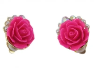 Boucles d’oreilles clips roses à perles et strass
