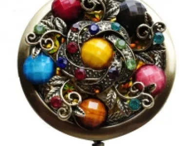 Miroir de sac fantaisie style ancien avec strass et métal travaillé