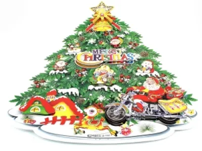 Décoration murale sapin orné et père Noël à moto