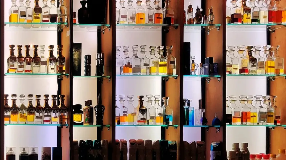 Étagères éclairées remplies de flacons de parfum de formes variées