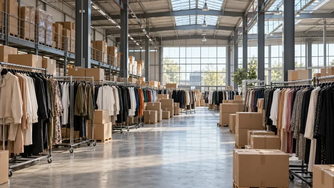 Grand hall d'un marché de gros de vêtements avec portants alignés et cartons de livraison