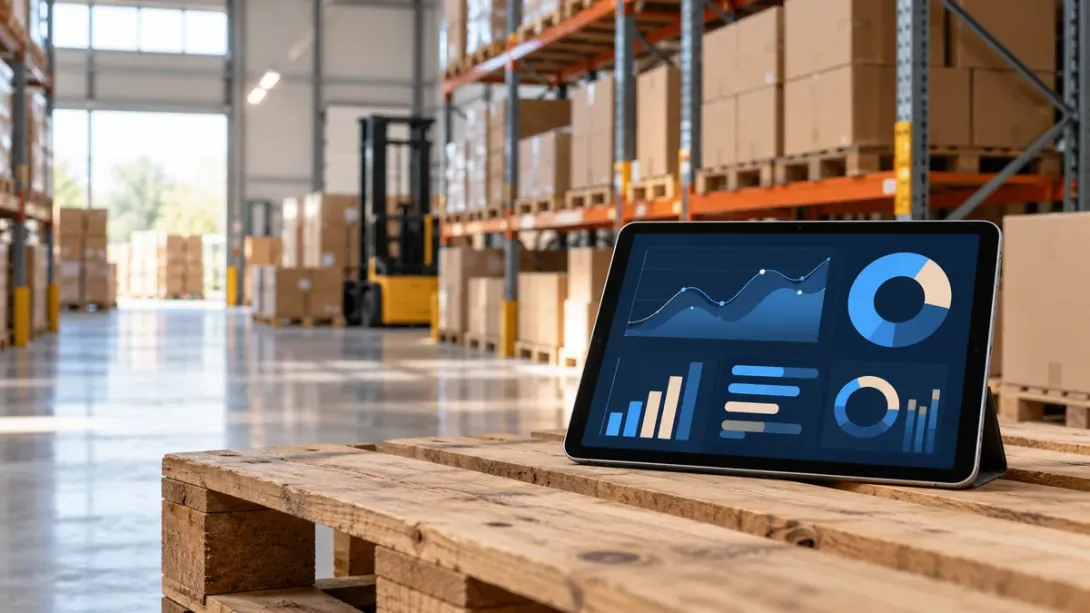 Entrepôt logistique moderne avec rayonnages de cartons et une tablette posée sur une palette