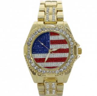 Montre bijou dorée avec drapeau américain et strass